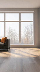 Fototapeta premium Modern living room with a stylish couch and large windows showcasing a tranquil outdoor view during the day