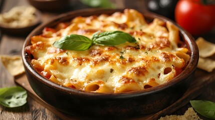 A delicious baked pasta dish topped with melted cheese and fresh basil.