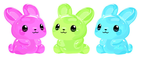 Bright gummy rabbits. Jelly rabbit fruit gummies. Jelly candies. Vector isolated illustration