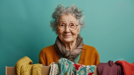 Elderly woman with box of clothes, light teal background, cheerful expression