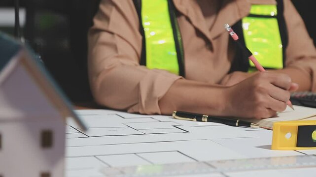 Architects engineer discussing at the table with blueprint - Closeup on hands and project print, Team group on construciton site check documents and business workflow