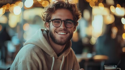 Obraz premium Smiling young Caucasian man in a cozy caf�� with warm, festive lights.