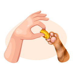 Human hand giving money to cartoon cats paw. Fingers holding gold coin to donate to animal. Donation to shelter, money support mascot, cartoon fundraisers and volunteers gesture vector illustration