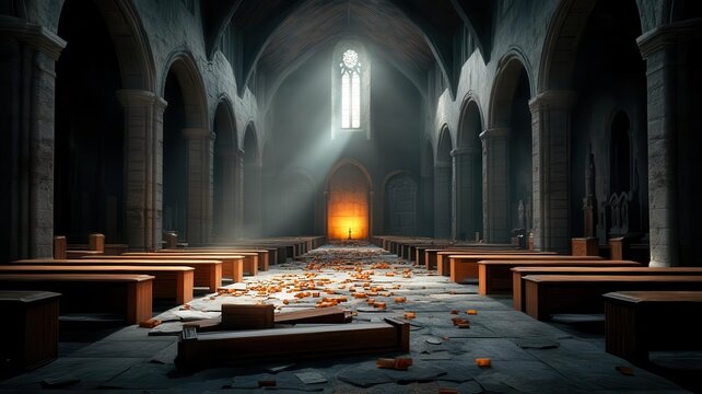 Shadowy interior of a gothic crypt, ancient stone carvings, broken coffins, and a faint glowing light coming from deep within