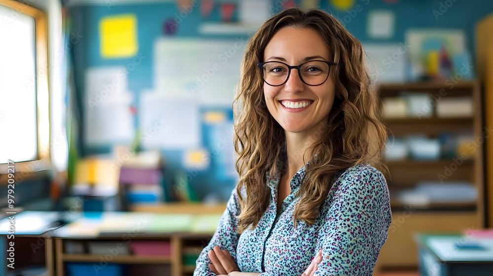 Poster a smiling teacher poses in a colorful classroom filled with learning materials and an inviting atmos