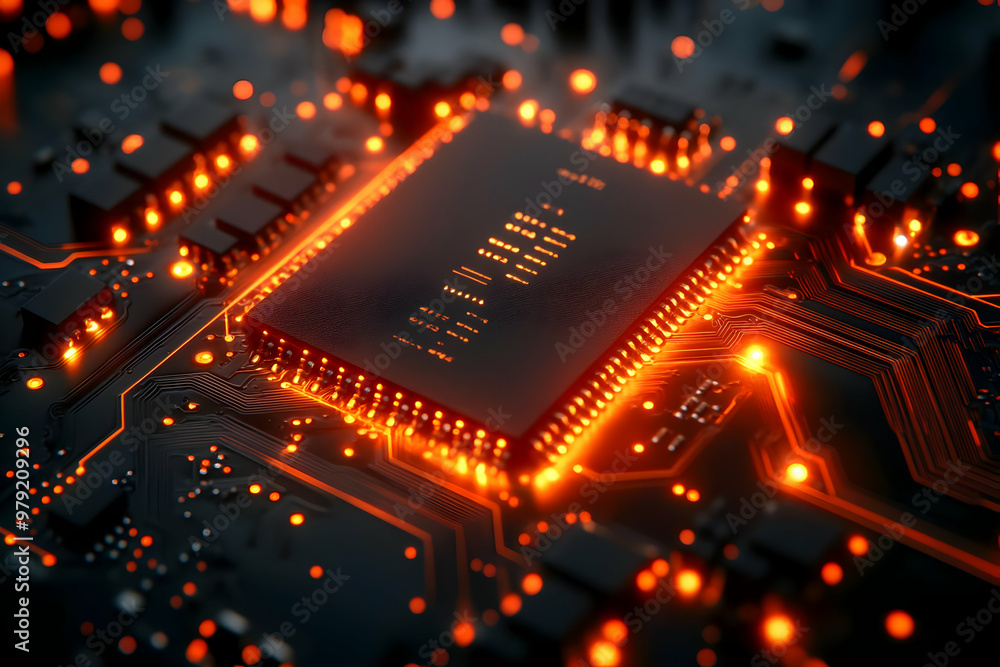 Poster 3d render of a cpu microchip processor on circuit board: technology illustration