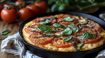 Delicious vegetarian pizza with fresh tomatoes and basil in a cast-iron skillet.