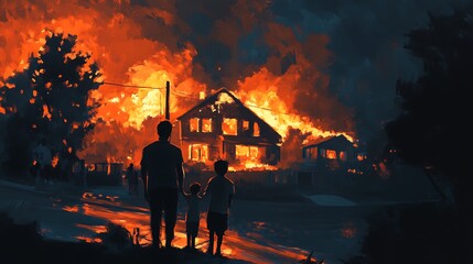 A burning scene with fire in a fireplace, forest, and house