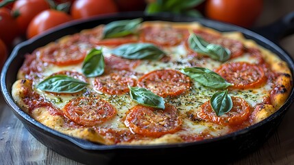 Delicious homemade pizza topped with fresh tomatoes and basil leaves.