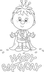 Happy birthday card with a little prince with his small toy sword, black and white outline vector cartoon illustration for a coloring book