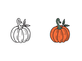 Orange beautiful line drawing of a pumpkin with a stem and green leaf on white background. Hand drawn vector sketch illustration in doodle engraved vintage line art style. Halloween decoration