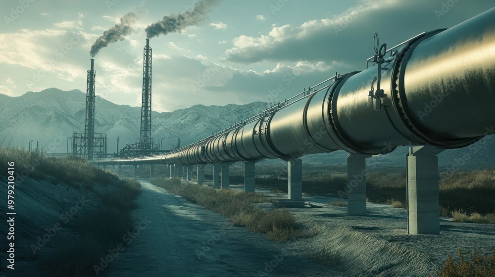 Poster a modern gas pipeline infrastructure cutting across a landscape, with high-tech monitoring systems e