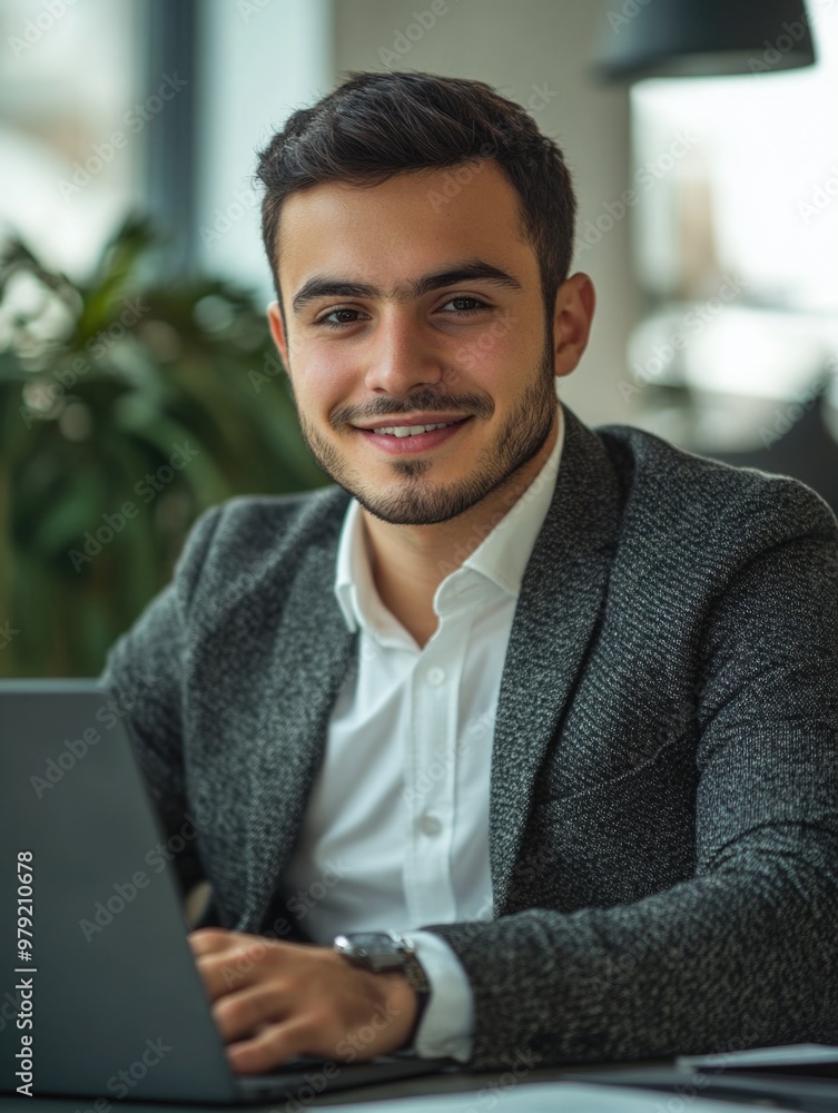 Sticker Young Professional Man Using Laptop at Desk