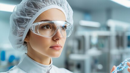 Scientist observing DNA strands on a digital screen in a high-tech lab