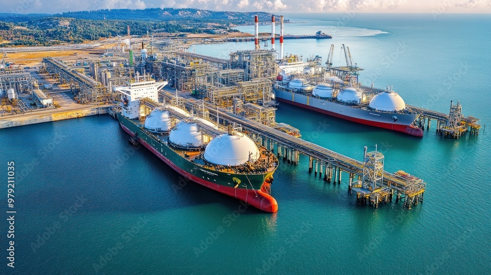 Poster a natural gas export terminal with multiple lng carriers docked, ready to be loaded with liquefied n