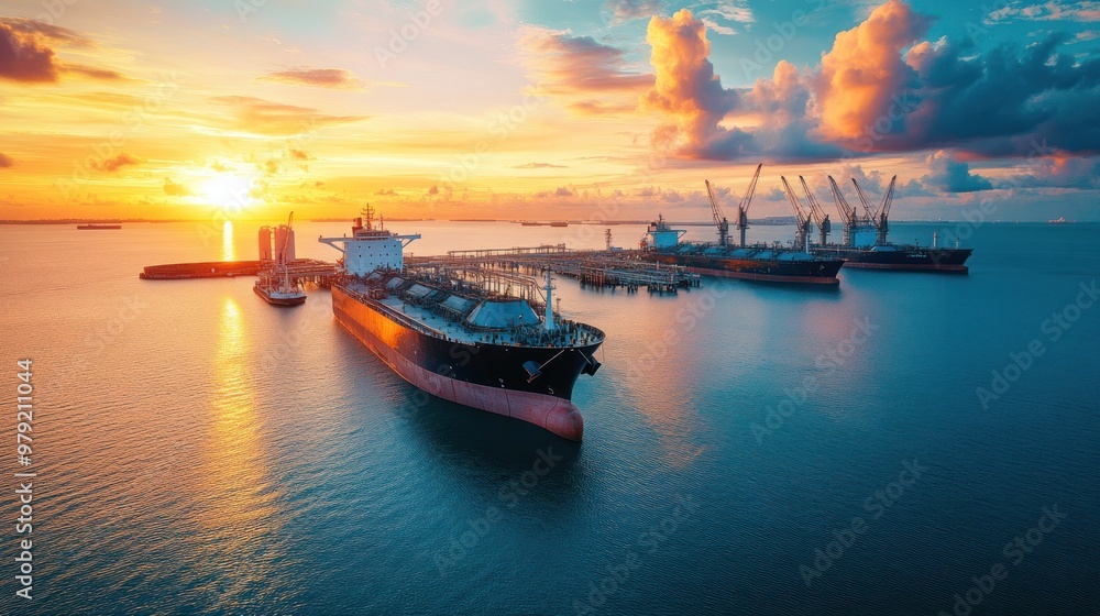 Poster a natural gas export terminal with multiple lng carriers docked, ready to be loaded with liquefied n