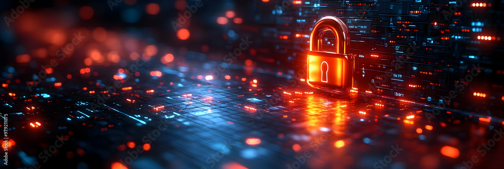 Poster 3d illustration - cybersecurity lock on a circuit board background with data protection and network 