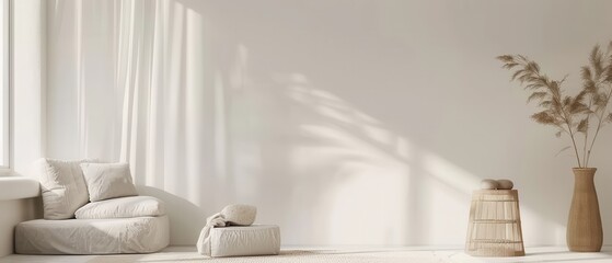 A white room with a white couch and a white vase