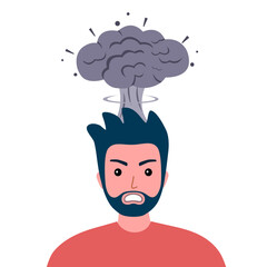 Man with nuclear explosion cloud from his head. Explosive brain. Blow your mind. Angry man.