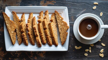 A plate of bread and a cup of coffee sit on a table