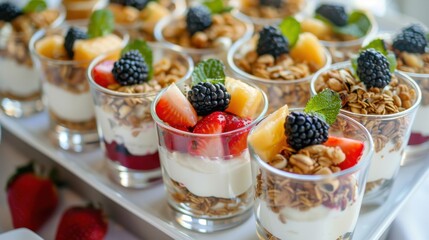 A tray of fruit and granola in small cups