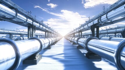A natural gas transportation system featuring an extensive pipeline network, with gas flowing through the infrastructure across vast distances, highlighting global energy distribution