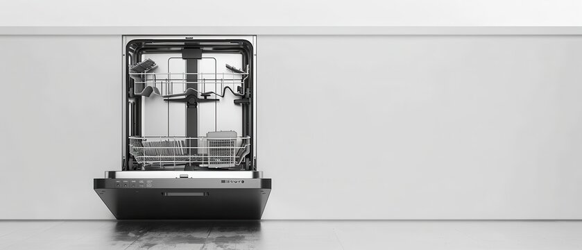 A dishwasher is open and empty