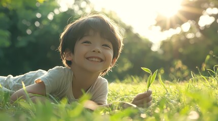 Smiling Asian boy enjoying nature on a sunny afternoon in the grass.