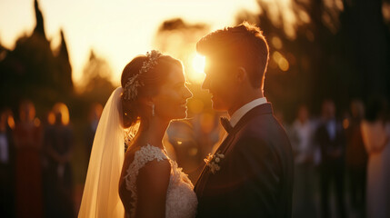 Fototapeta premium A couple exchanging vows at the wedding under sunset sky
