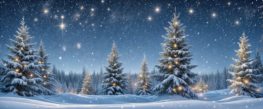 Christmas banner. Beautiful night scene with a snowy landscape and a starry sky. The scene is dominated by tall, snow-covered pine trees.
