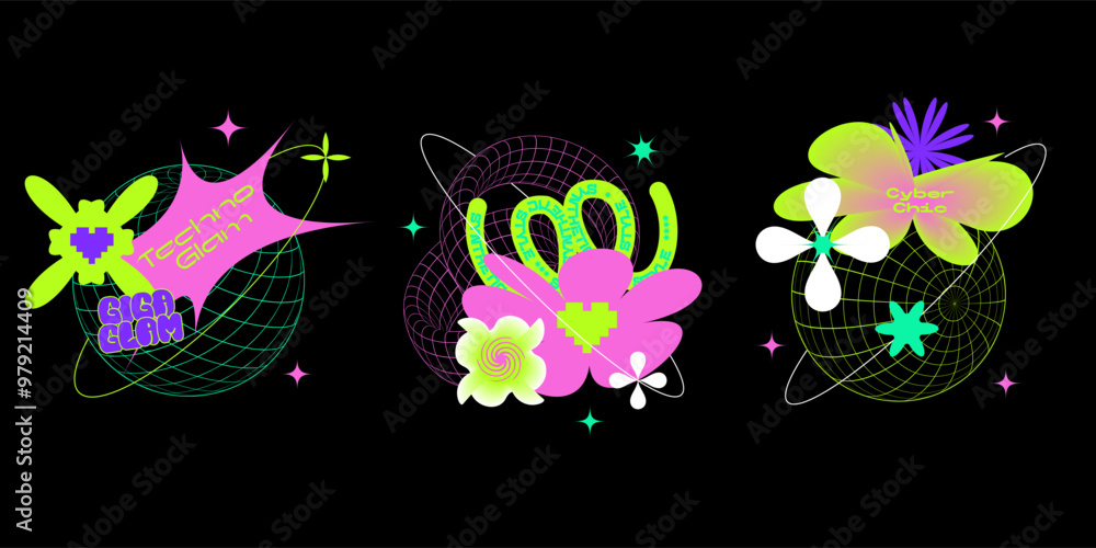 Poster space flowers geometry wireframe shapes and grids print concepts in neon colors. 3d spheres, cyberpu