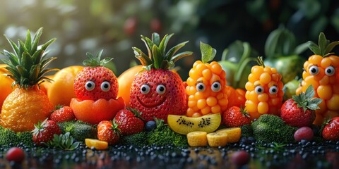 A lively urban setting where animated fruits and veggies create a colorful and fun city environment