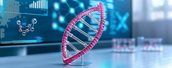 Close-up of a DNA double helix model in a laboratory setting