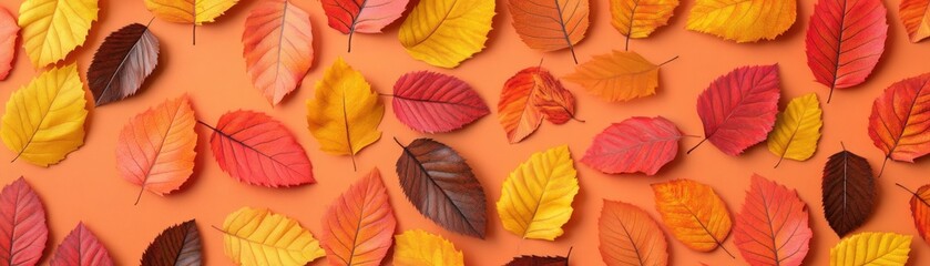 Obraz premium A vibrant arrangement of colorful autumn leaves on a warm orange backdrop, perfect for seasonal themes and nature-inspired designs