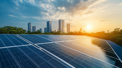 Solarpark am Rande einer modernen Bürostadt zur Versorgung des Strombedarfs, erneuerbare Energie und umweltbewusste Technologie für eine Stadt durch Photovoltaik