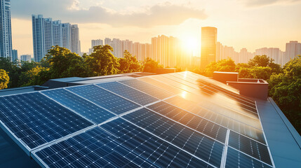 Solarpark am Rande einer modernen Bürostadt zur Versorgung des Strombedarfs, erneuerbare Energie und umweltbewusste Technologie für eine Stadt durch Photovoltaik