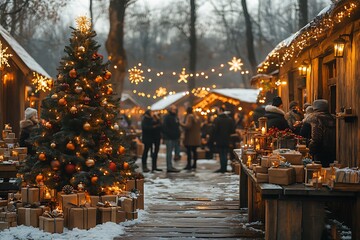 A magical Christmas market illuminated by twinkling lights, filled with festive cheer.