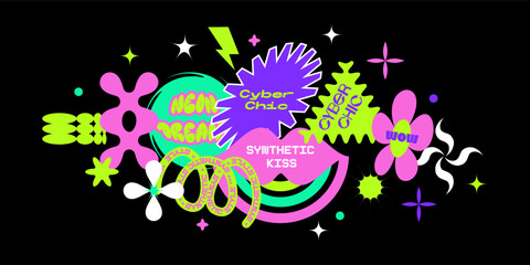 Neo brutalist Graphic designer sticker pack. Distorted geometric patches with cool quotes. Set of trendy minimalistic stamp set. Cool patches collection. Vibrant neon vector illustration.