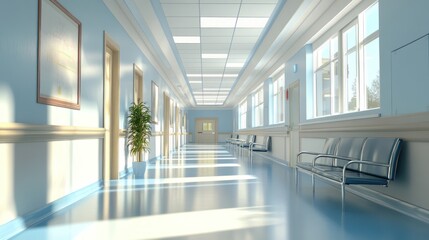 Obraz premium Close up view of long bright hospital corridor with rooms and chairs, 3D rendering background. Ai generated image
