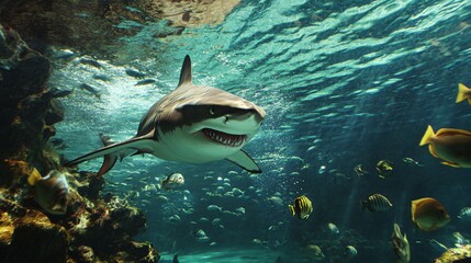 A large shark swims through an aquarium with a school of fish, its mouth open showing sharp teeth.