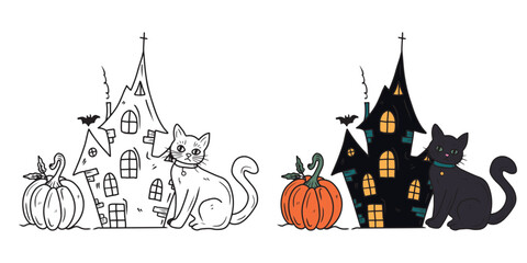 Horror black haunted house castle with a cat sitting in collar with token and pumpkin as a symbol of happy halloween celebration. Hand drawn sketch illustration in doodle engraved vintage line art