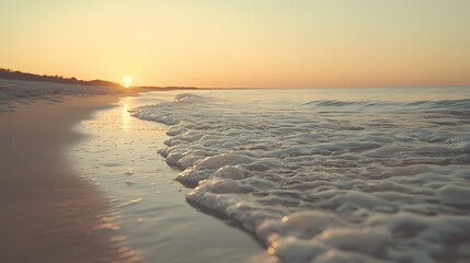 Tranquil waves rolling onto a serene beach at sunset.