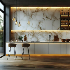 Modern Kitchen Illustration with Marble Backsplash and Wood Floors