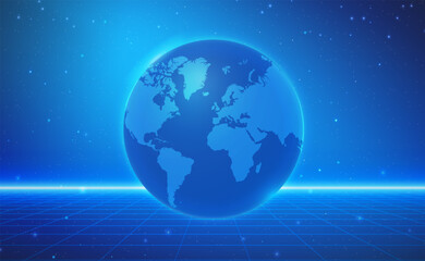 Abstract blue background with earth planet. Global network connection. World map. Worldwide information, technology, business. Vector poster EPS 10