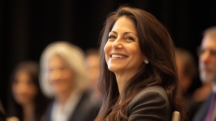 Obraz premium A recognition ceremony where a female executive is honored for her business success, with a close-up of her smiling as she receives the award