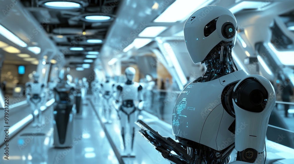 Poster a futuristic scene of ai robots in finance, analyzing data and executing transactions with precision