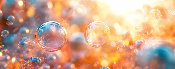Abstract Background with Glowing Bubbles, Sunlight, and Bokeh Effects
