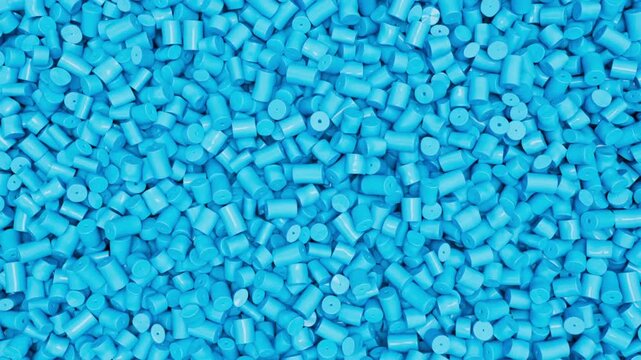 Pan over blue plastic polypropylene granules, masterbatch polymer grain. HDPE or PVC resin pellets. 3d render animation