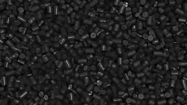 Pan over black plastic polypropylene granules, masterbatch polymer grain. HDPE or PVC resin pellets. 3d render animation