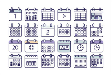 Flat Calendar Icon Set: Scheduling and Time Management Illustrations, Event Icons for Web, Mobile Apps, UI Design, Digital Platforms, Vector Graphics, Flat Style, Organization and Planning Themes.